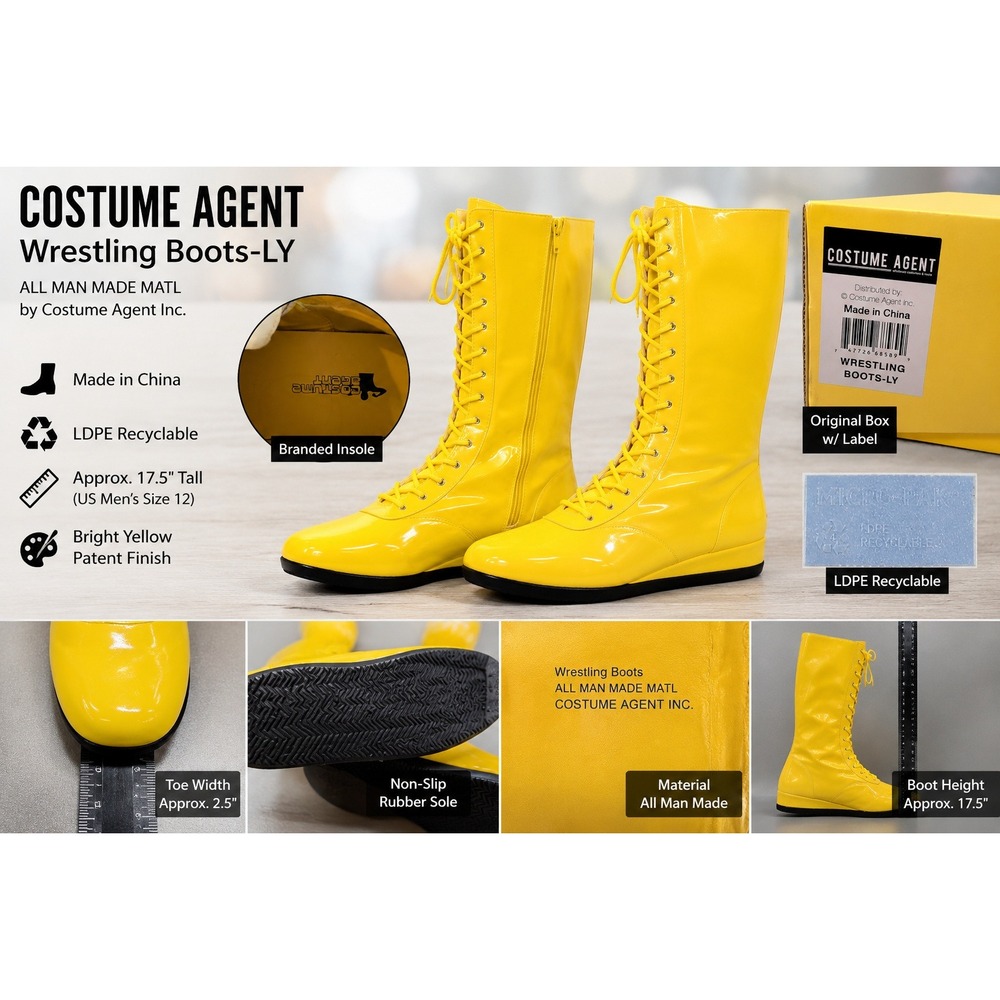Costume Agent Yellow Wrestling‎ Boots Patent Faux Leather Lace Up Cosplay Men Lg